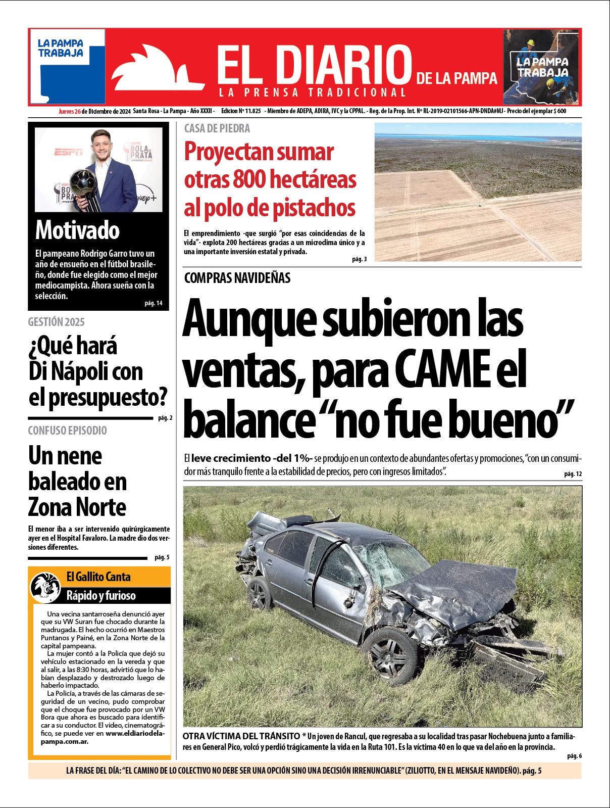 Tapa de El Diario en papel  jueves 26 de diciembre de 2024